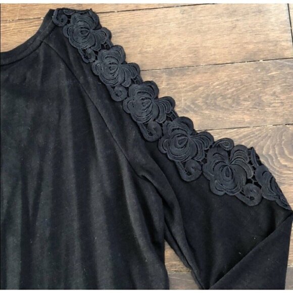Loft Sz S Black Lace Embroidered Cold Shoulder Light Sweatshirt Top Blouse Women - Picture 8 of 12